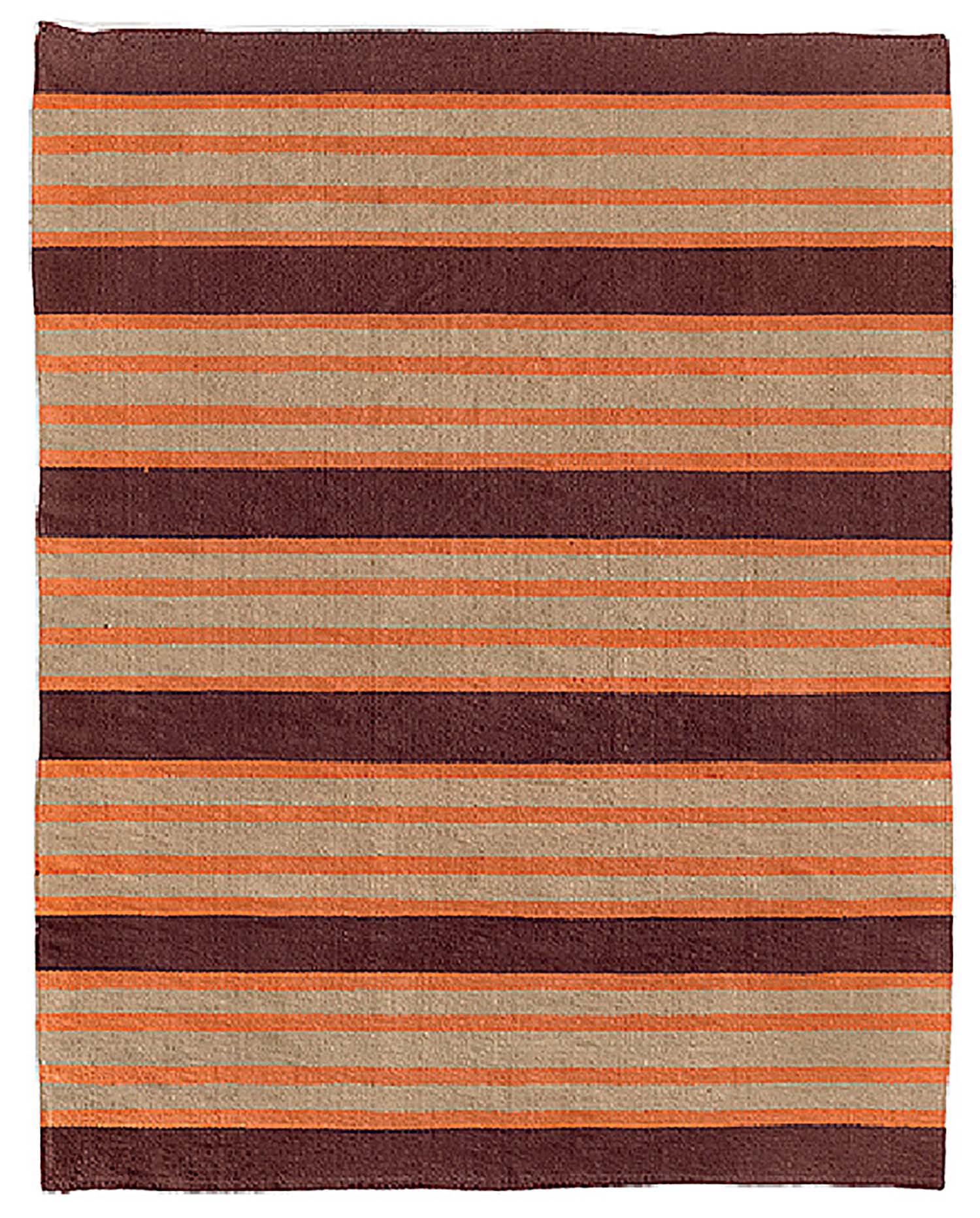 A striped rug with a brown and orange stripe pattern.