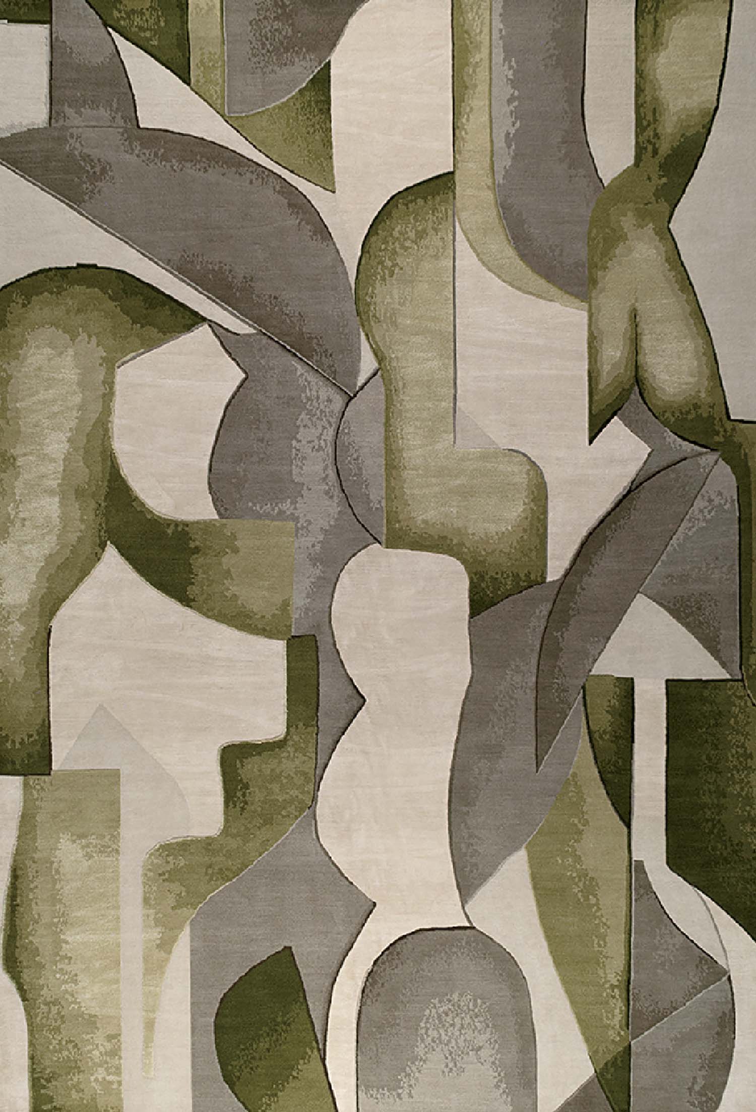 A rug with a pattern of green and gray shapes.