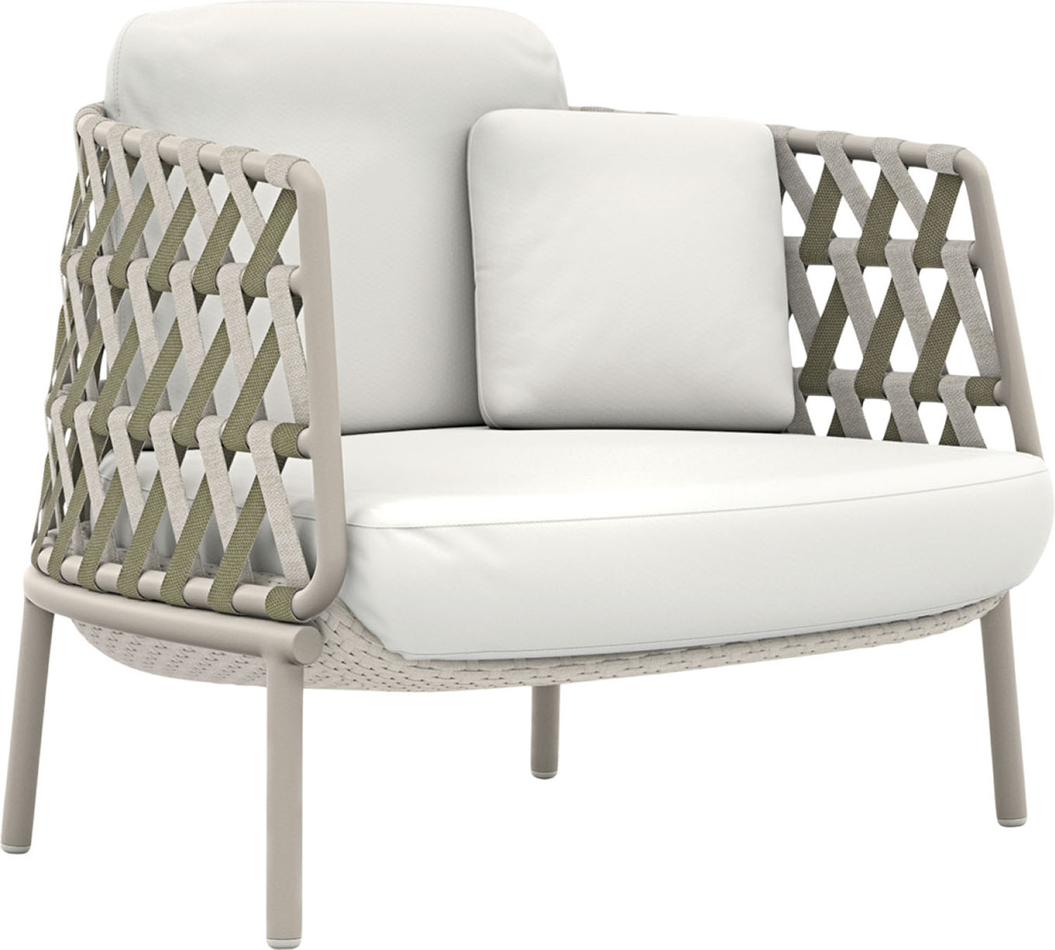 The white and grey outdoor lounge chair with a white cushion.