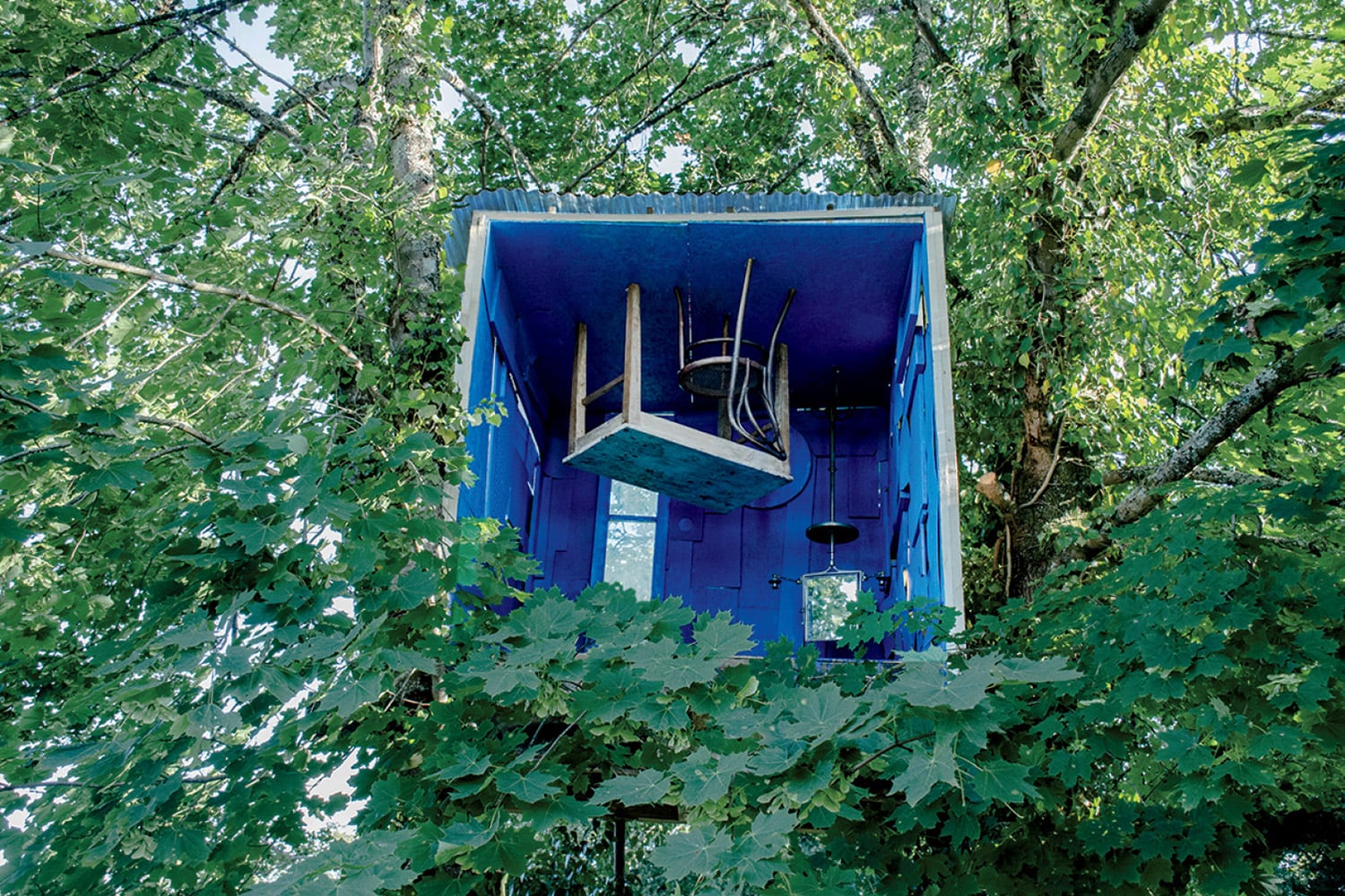 a blue upside down treehouse