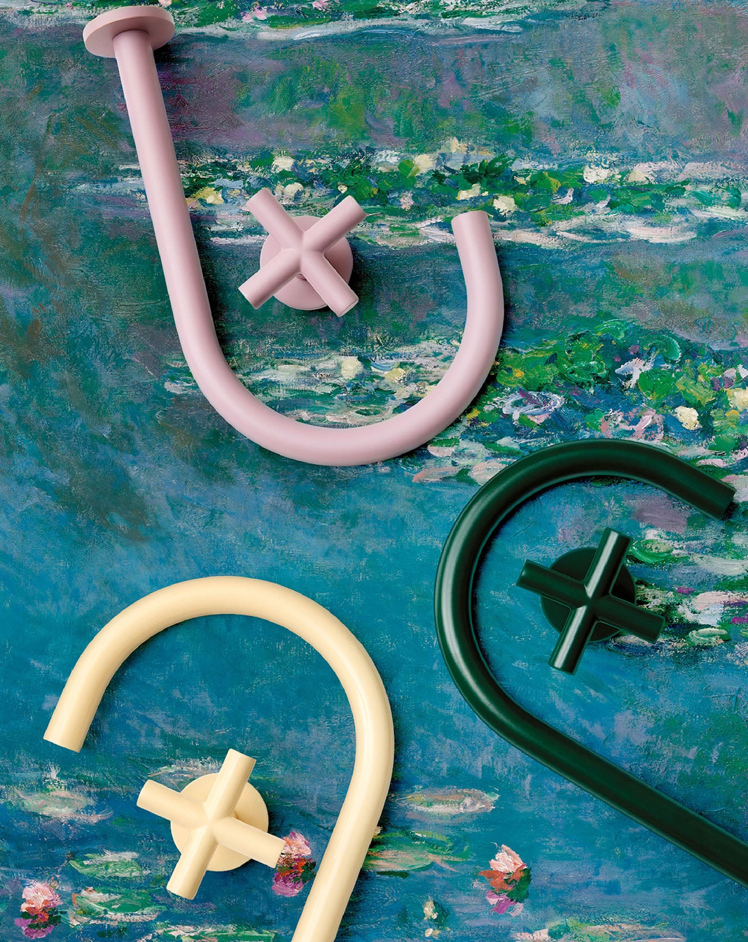 A painting of a pink and green umbrella.