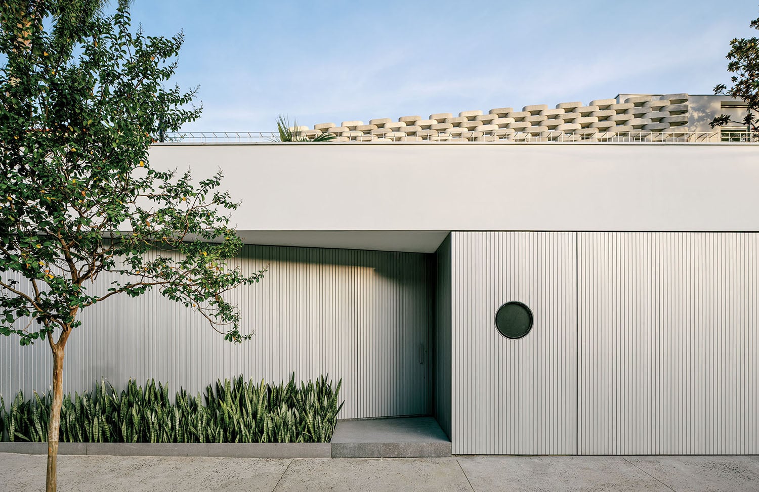 A white house with a tree in front.