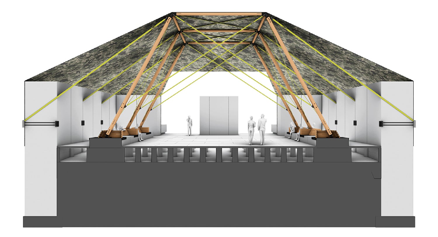 A rendering of a tent with a roof and a roof structure.