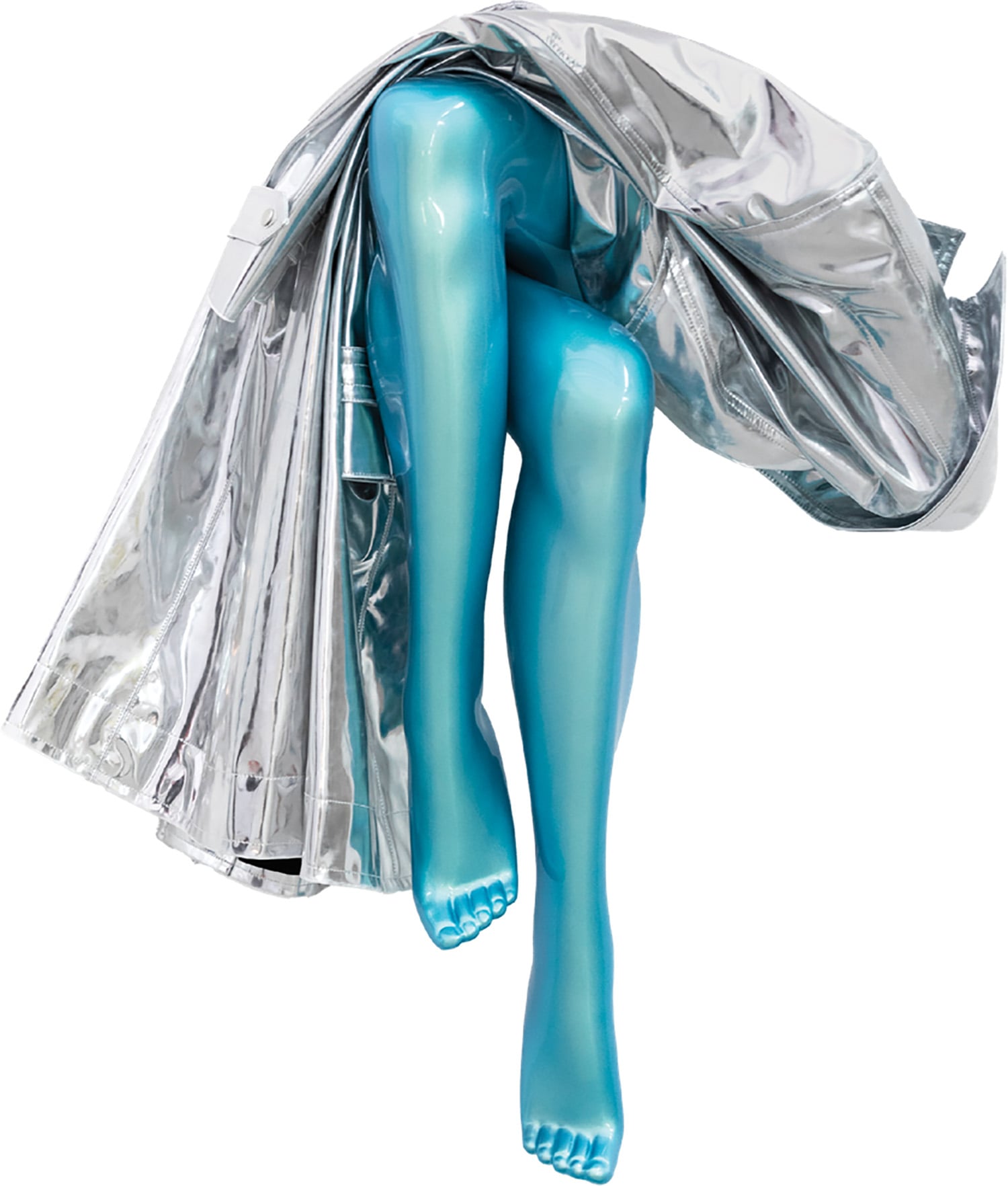 A woman in blue tights and a silver bag.