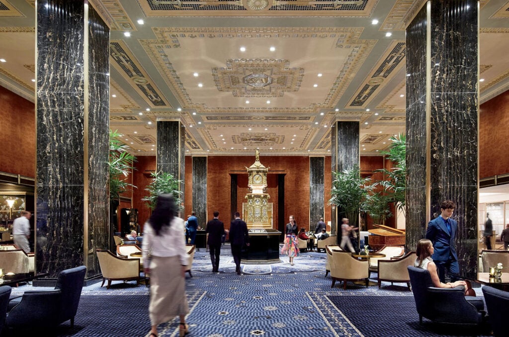 A lobby with a large chandel and a large chandel.