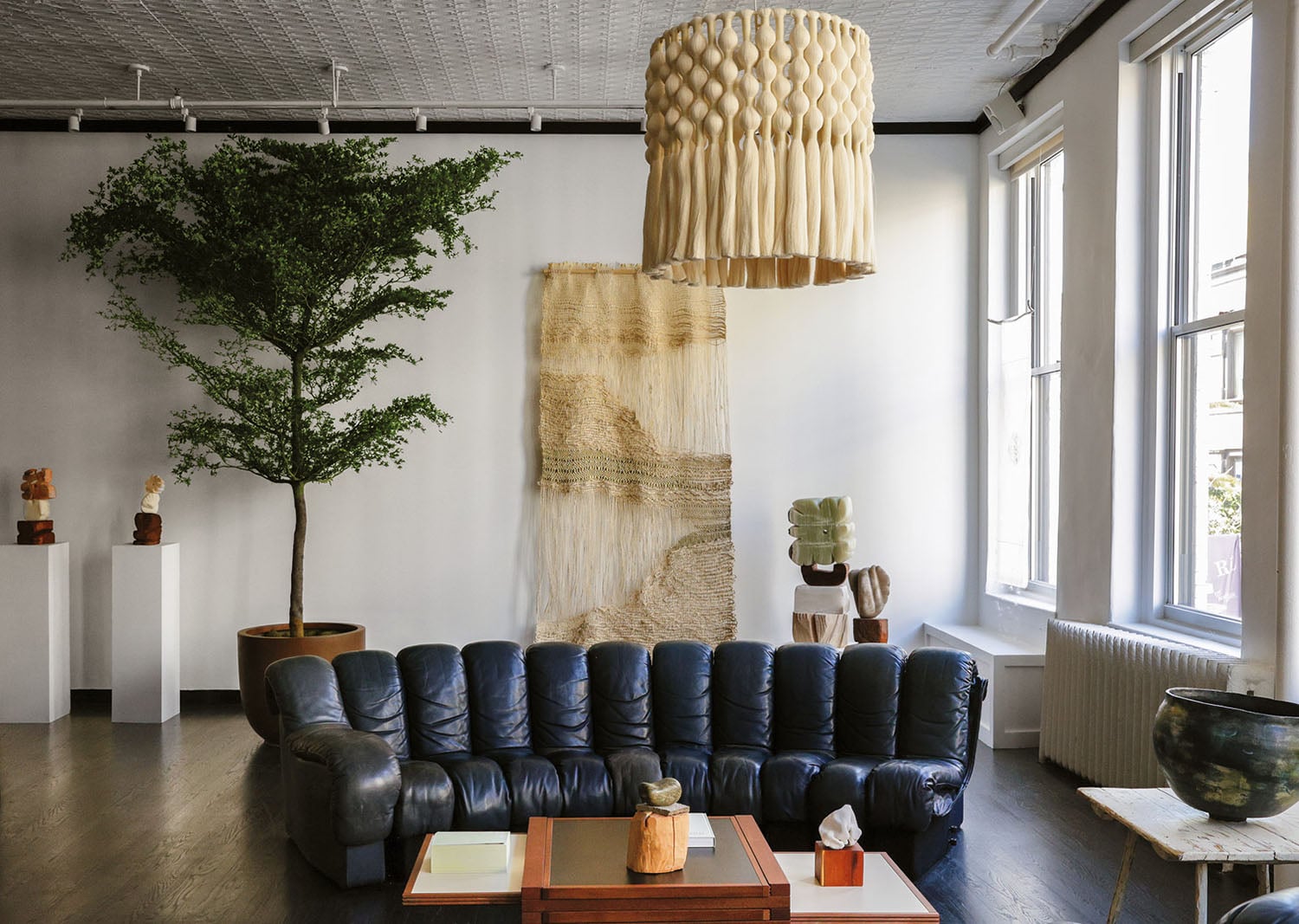 "A living room with a couch, a table, and a tree".