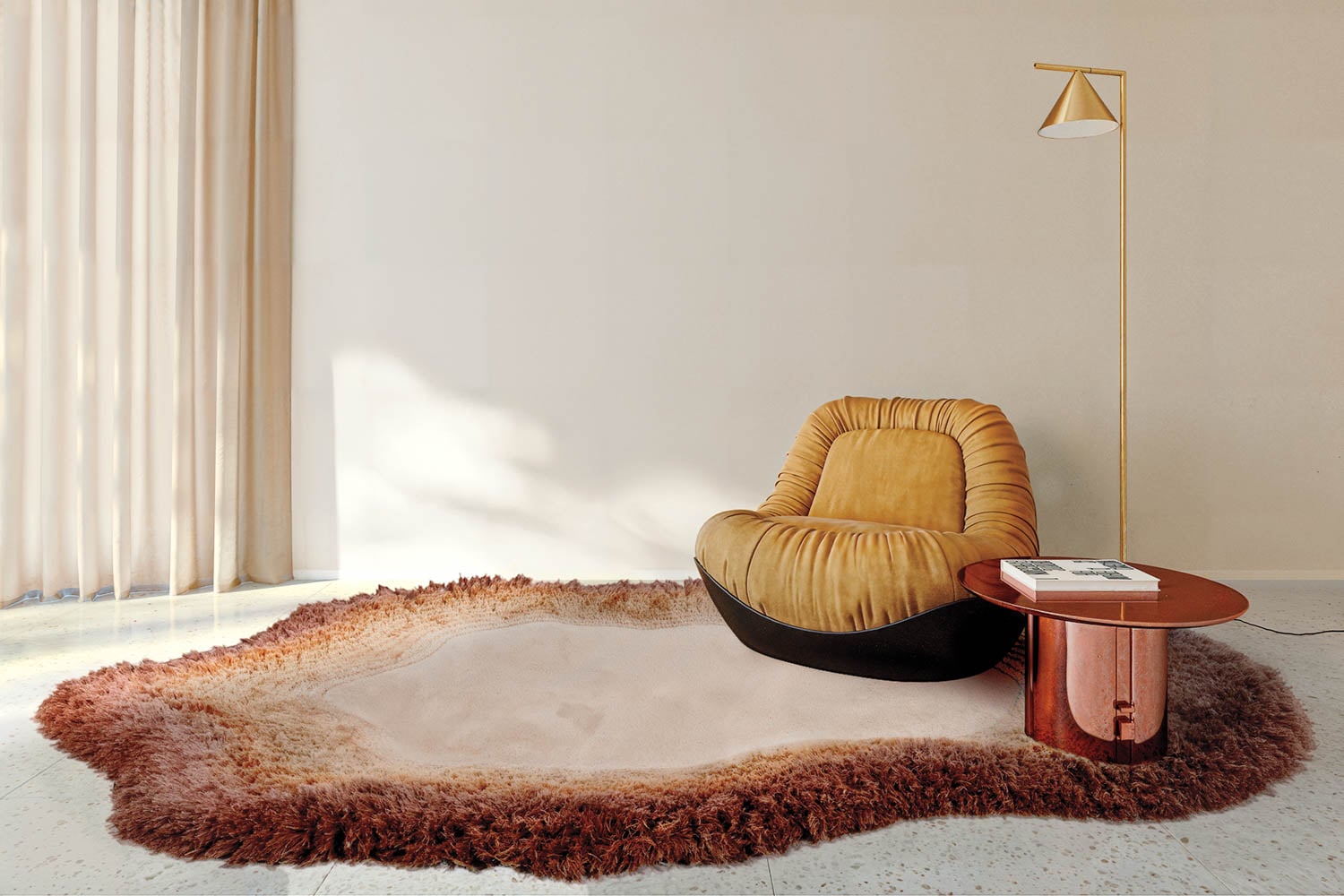 yellow chair in room with a rug