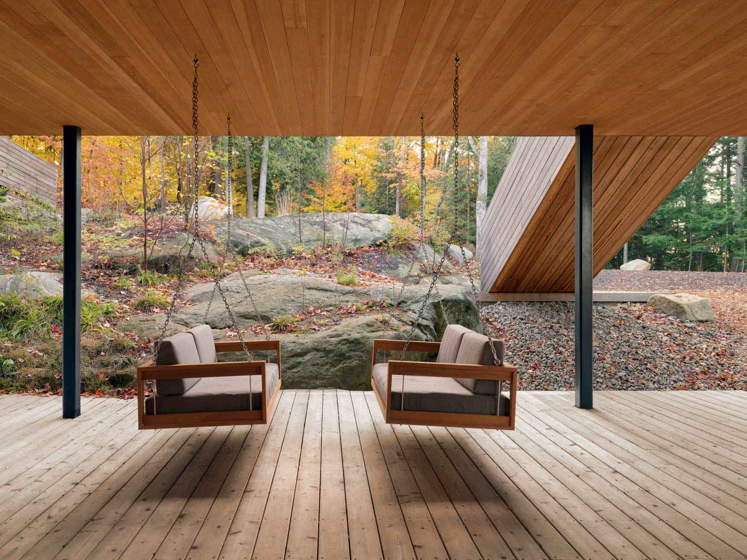 outdoor patio with teak swings