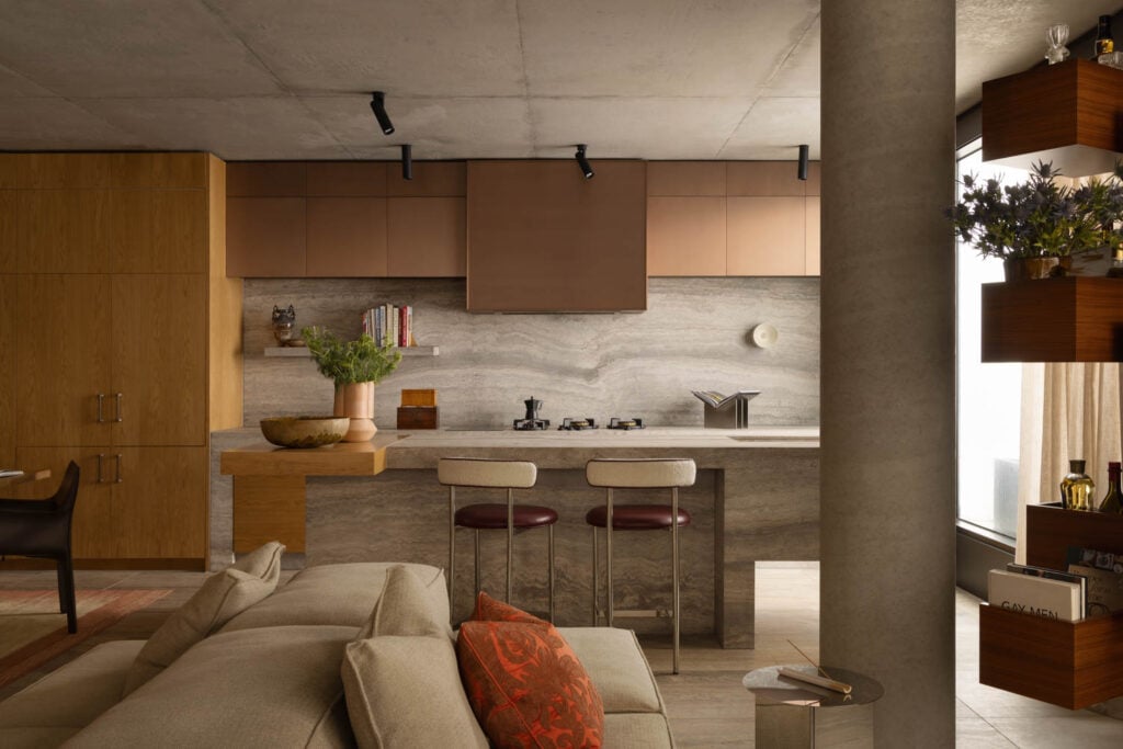 living room with view of kitchen