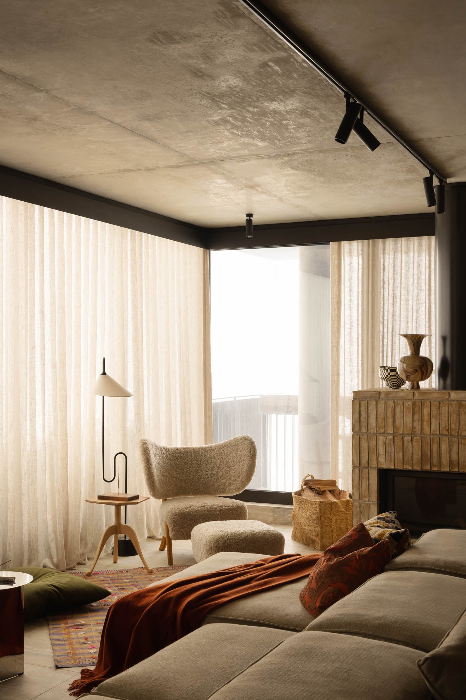sheepskin chair in corner of living room