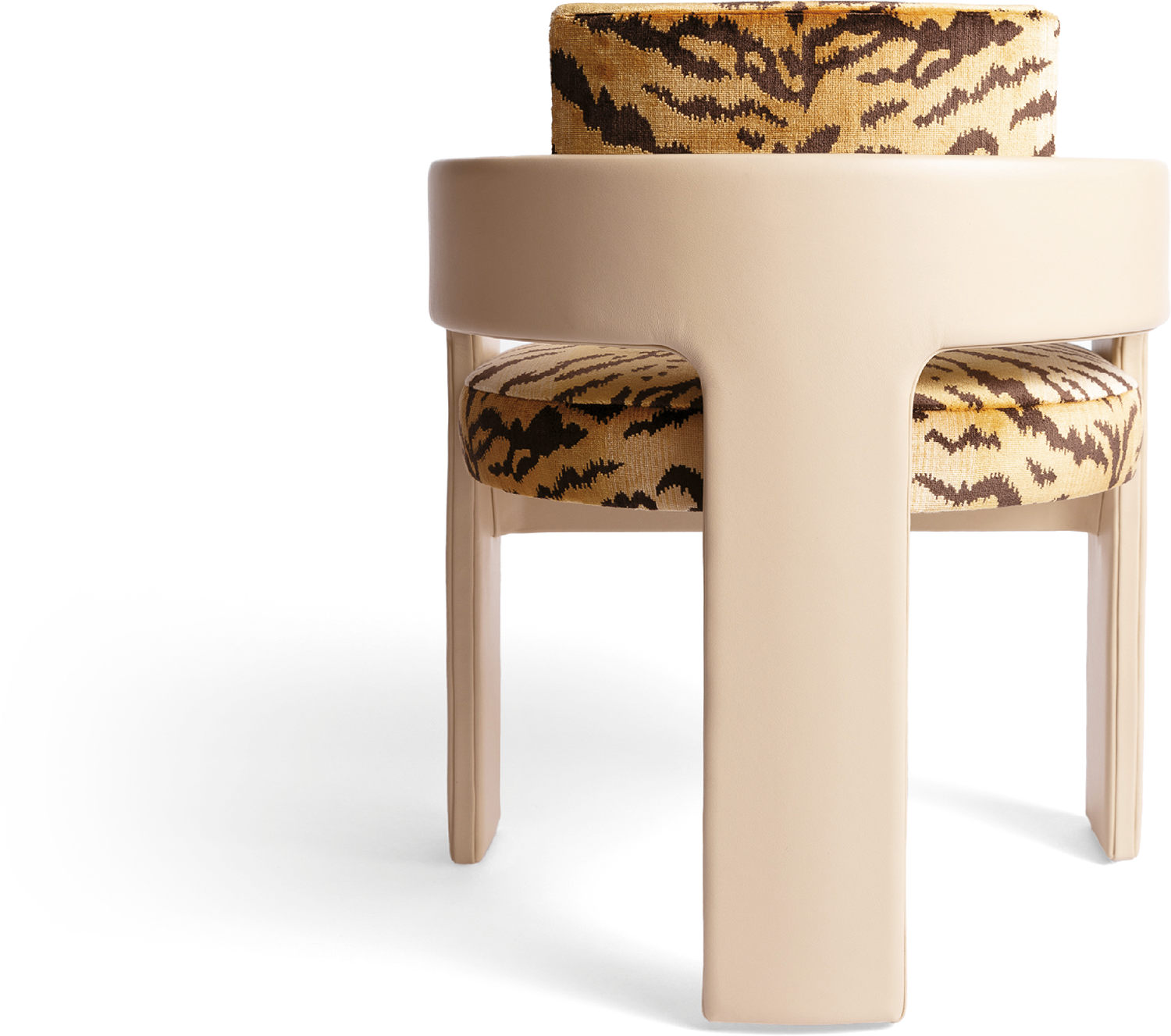A beige chair with a leopard print seat.